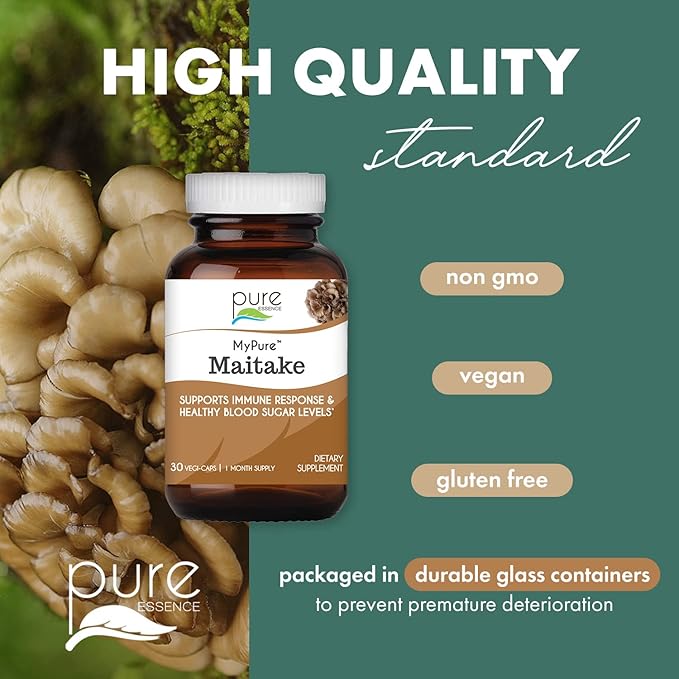 PURE ESSENCE LABS MyPure Maitake Mushrooms - Mushroom Powder Supplement for Immune System Support, Stress Relief, Build Energy, Strength Booster for Men & Women - 1 Month Supply