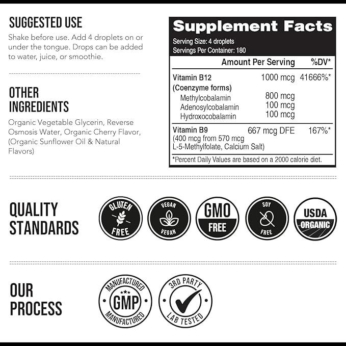 BioActive Vitamin B12 1000 mcg | Contains 3 BioActive B12 Forms Plus Methylfolate Cofactor - Methyl B12, Adenosyl B12 & Hydroxy B12 | Sublingual Form, Cherry Flavor, Organic, Vegan (180 Servings)
