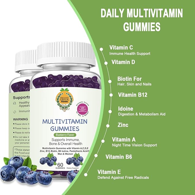 Organic Greek® Multivitamin Gummies with Vitamin A, C, D, E, Zinc, B12, Biotin, B6, Iodine, Pantothenic Acid for Men & Women with 13 Vitamins and Minerals Blueberry Flavor