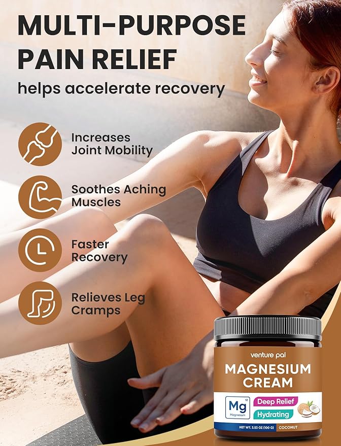 Venture Pal Magnesium Lotion, Topical Magnesium Cream for Sleep, Leg Cramps & Pain, Muscle Relaxation, Calm, Moisturizing Supplement with Coconut Oil, Shea Butter & Hyaluronic Acid, Safe for Kids