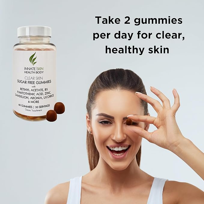 Clear Skin Acne Gummies - Complexion Supplement, Pantothenic Acid & Antioxidants, Vitamins 60 Count