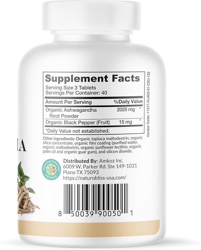 NaturoBliss Ashwagandha Supplements, 2025mg, 120 Tablets, Herbal Dietary Supplement, Vegetarian, Non-GMO, Gluten Free, with Black Pepper