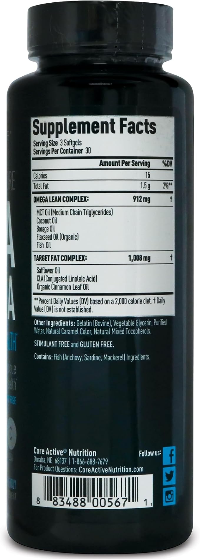 Lean CORE Omega MCT + CLA - Stimulant Free Health Formula, Lean Muscle & Toned Physique, Omega 3-6-9 Fatty Acids - Flaxseed Fish Oil- Coconut Oil- Keto Friendly 30 Day Supply (90 Softgels)