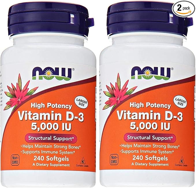 Now Foods Vitamin D3 5,000 IU, 240 softgels (Pack of 2)