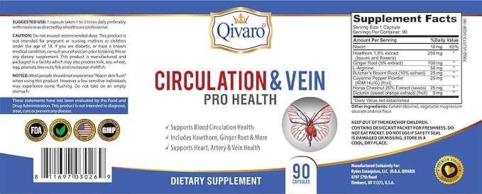 Circulation & Vein Pro Supplement - Contains Niacin, L-Arginine, Ginger, Cayenne Pepper, Hawthorn & Diosmin - 90 Capsules
