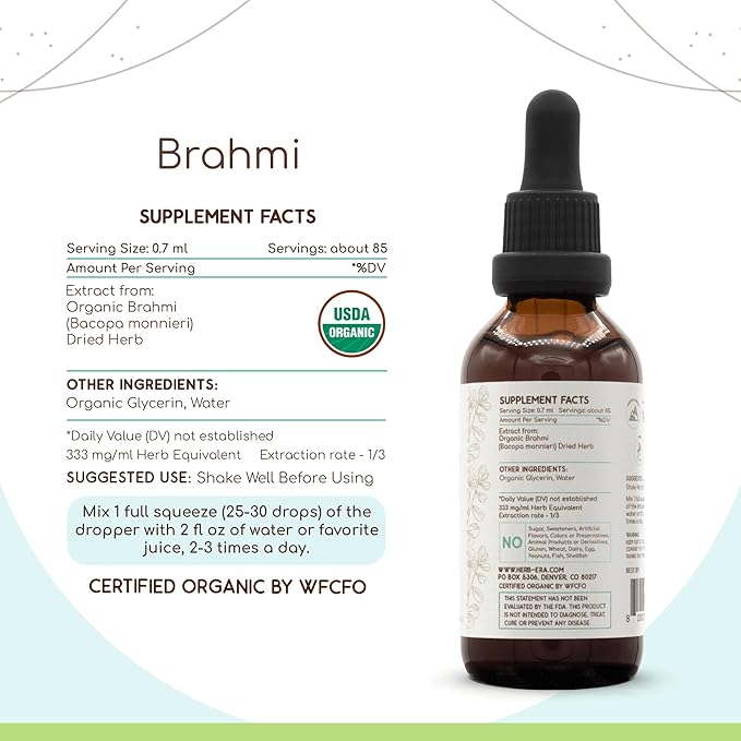 Brahmi B60 USDA Organic Tincture | Alcohol-Free Extract, High-Potency Herbal Drops | Certified Organic Brahmi (Bacopa Monnieri) Dried Herb (2 fl oz)