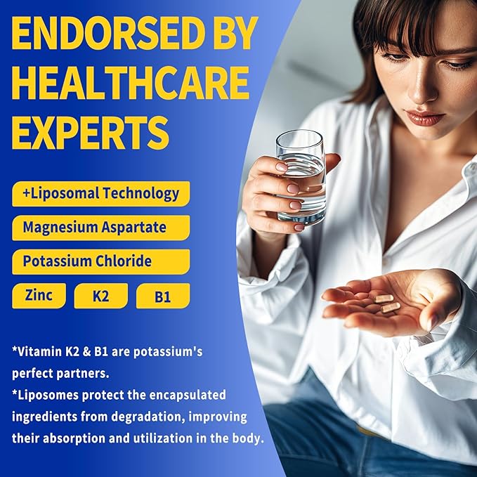 Magnesium Potassium Supplement, 1600mg Liposomal Magnesium Aspartate, Potassium Chloride, with Zinc, K2, Vitamin B1 for High Blood Pressure, Support Vascular, Bone & Leg Cramps, 120 Veg Capsules