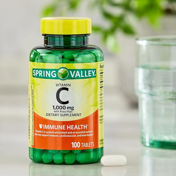 Spring Valley Vitamin C 1000mg with Rose HIPS Tablets Dietary Supplement, Antioxidant Protection, 100 Count (Pack of 1)