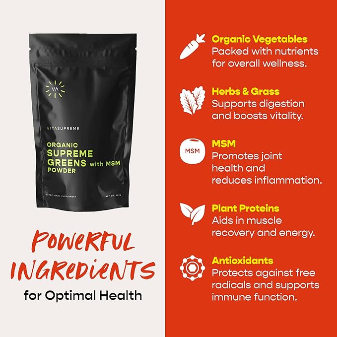 Organic Superfood Greens Powder with MSM, for Gut Health, Digestion, Immune Support, Energy, and More (Sugar Free, Non-GMO, Keto, Vegan), 60 Servings, 30 Day Supply