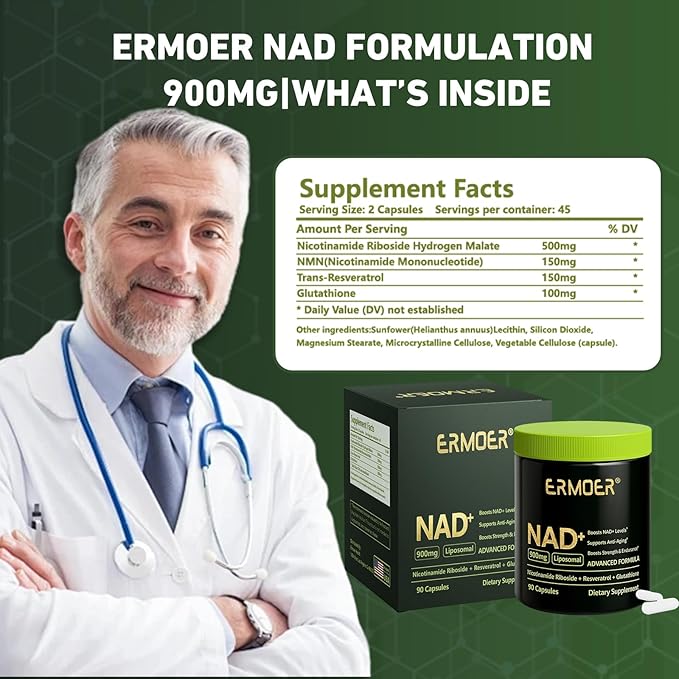 NAD+ Supplement, NAD Nicotinamide Riboside Resveratrol 900mg, Liposomal NAD for Women & Men, NMN Supplement Alternative for Anti-Aging, Energy Booster - 2 Bottle