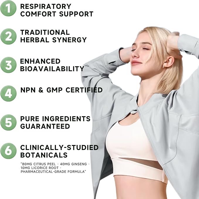 Lung Support Capsules - 60 Count, Herbal Supplement with Citrus Peel & Ginseng, NPN Certified