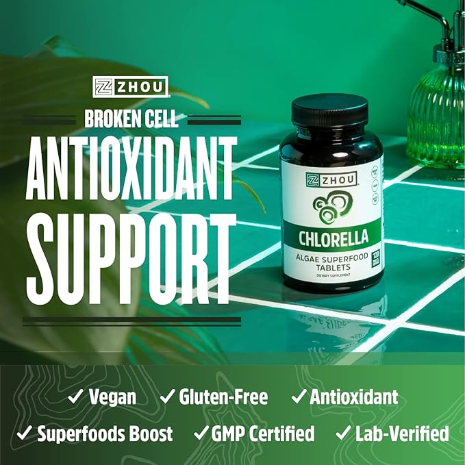 Zhou Nutrition Chlorella Tablets, Algae Superfood, Chlorella Broken Cell, Vegan Supplement, Gluten-Free, 120 Tablets