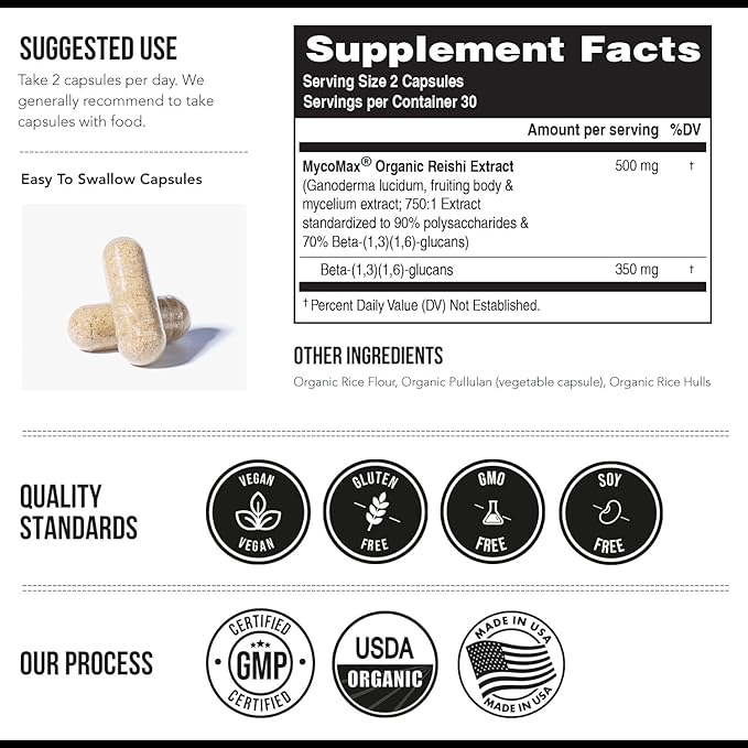 Organic Reishi Mushroom Capsules Extract - 70% Beta Glucans - Highest Active Nutrient Levels, Max Potency, US Grown + Ultrasonic Extraction - Energy, Immunity, Sleep and Stress - 60 Capsules