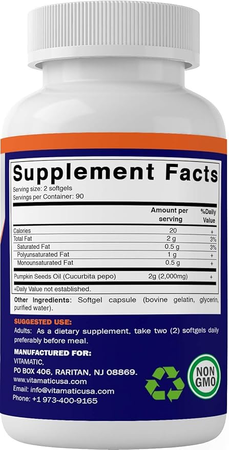 Vitamatic Pumpkin Seed Oil 2000mg Softgel Capsules per Serving - 180 Softgels - 1000mg per softgel