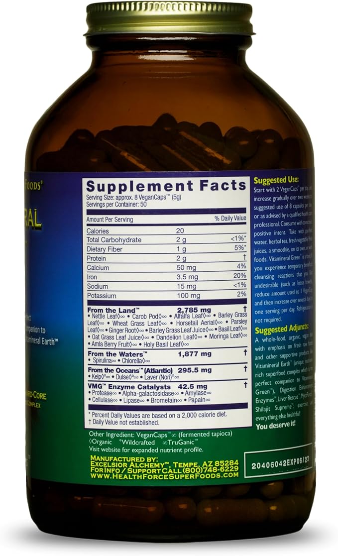 HealthForce SuperFoods Vitamineral Green - Mineral Supplement for Immune & Thyroid Support - Green Powder Supplement with Ingredients from The Land - Gluten-Free & Vegan - 400 Capsules (Pack of 2)