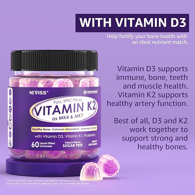NEVISS Sugar-Free Full Spectrum Vitamin K2 Gummies (MK-4 500mcg & MK-7 100mcg) + K1, D3 for Women & Men - 60 Gummies