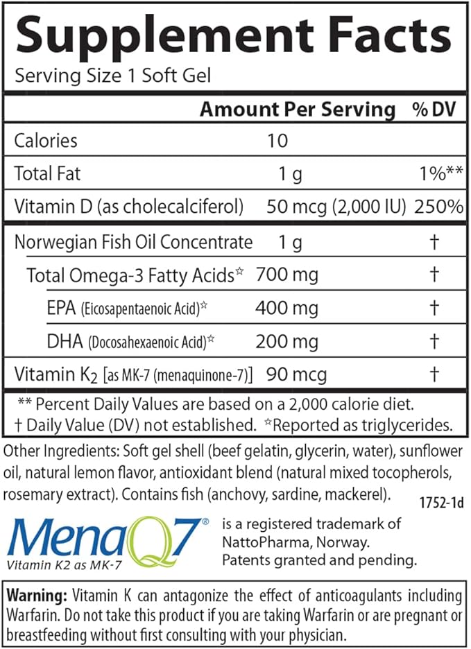 Carlson - Elite Omega-3 Plus D & K, 700 mg Omega-3s + D3 & K2, Function, Bone Health & Immune Support, Lemon, 180 Softgels