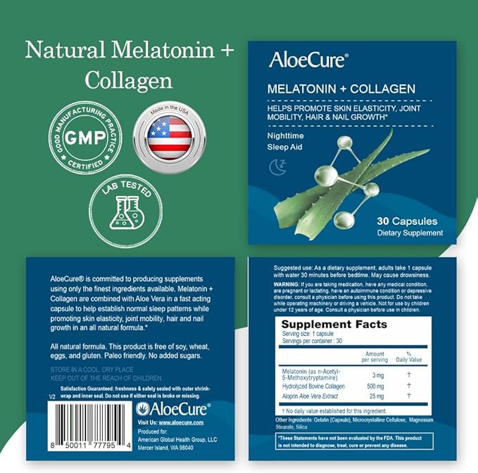 AloeCure Natural Melatonin + Collagen with Organic Aloe Vera - Natural Sleep Aid Supplement for Restful Nights - Collagen Complex for Joint Strength, Skin Elasticity, Hair & Nail Growth, 30 Capsules