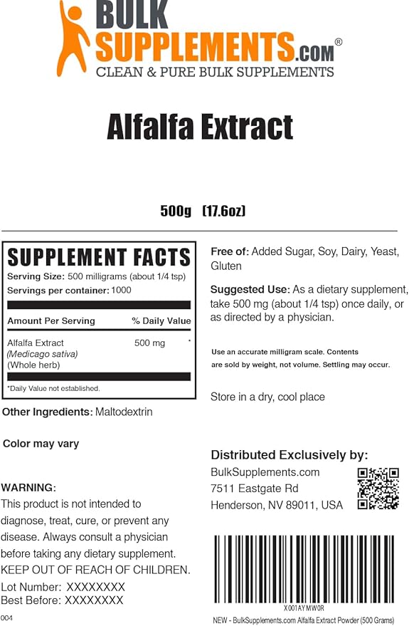BulkSupplements.com Alfalfa Extract Powder - Greens Supplements - Green Superfood Powder - Alfalfa Powder Green Food (500 Grams 416 Servings)