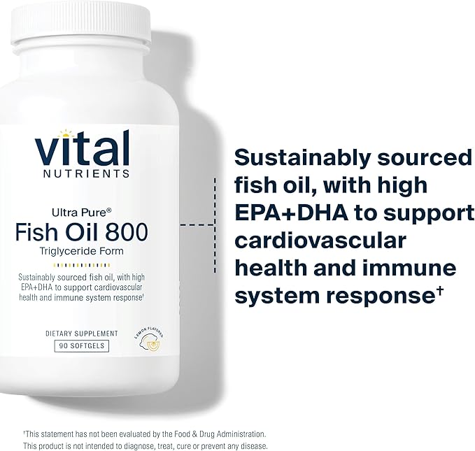 Vital Nutrients Ultra Pure® Fish Oil 800 Triglyceride Form | Heart, Brain, & Immune Health* | Sustainably Sourced High EPA & DHA Omega-3 Fatty Acid | Lemon Flavor | Gluten, Dairy, Soy Free | 90 Count