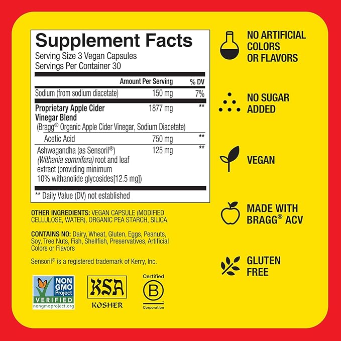 BRAGG Daily Balance Apple Cider Vinegar and Sensoril Ashwagandha Capsules - 750mg of Acetic Acid – Energy & Weight Management Support - (90 Pills)