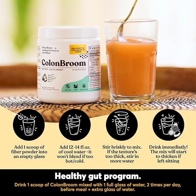 ColonBroom Psyllium Husk Powder with Stevia (Tropical Fruits) - Colon Cleanse for Bloating Relief & Gut Health - Colon Broom Fiber Powder Drink - Vegan Fiber Powder Stevia Supplement, 100 Servings