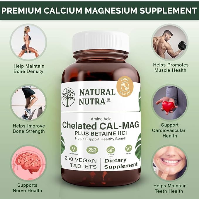 Natural Nutra Chelated Cal Mag 1000/500 mg Supplement, 250 Vegan Tablet