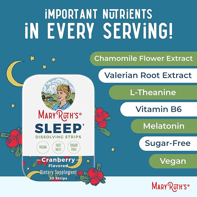 Sleep Dissolving Strips by MaryRuth's | L Theanine | Chamomile Flower | Melatonin 5mg | Valerian Root | Vitamin B6 | Sugar Free | Cranberry Flavor | Vegan | Gluten Free | Dairy Free | 30 Count