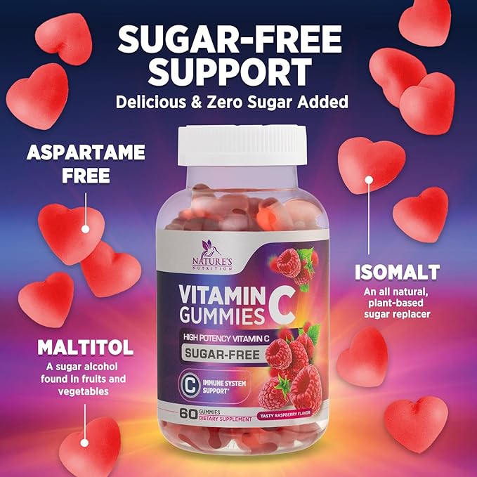 Zero Sugar Vitamin C Gummies - Immune Support & Antioxidant VitaminC Dietary Supplement - Vegan, Non-GMO, Dairy & Gluten Free C Vitamin Gummy - Raspberry Flavor for Kids & Adults - 60 Count Gummies