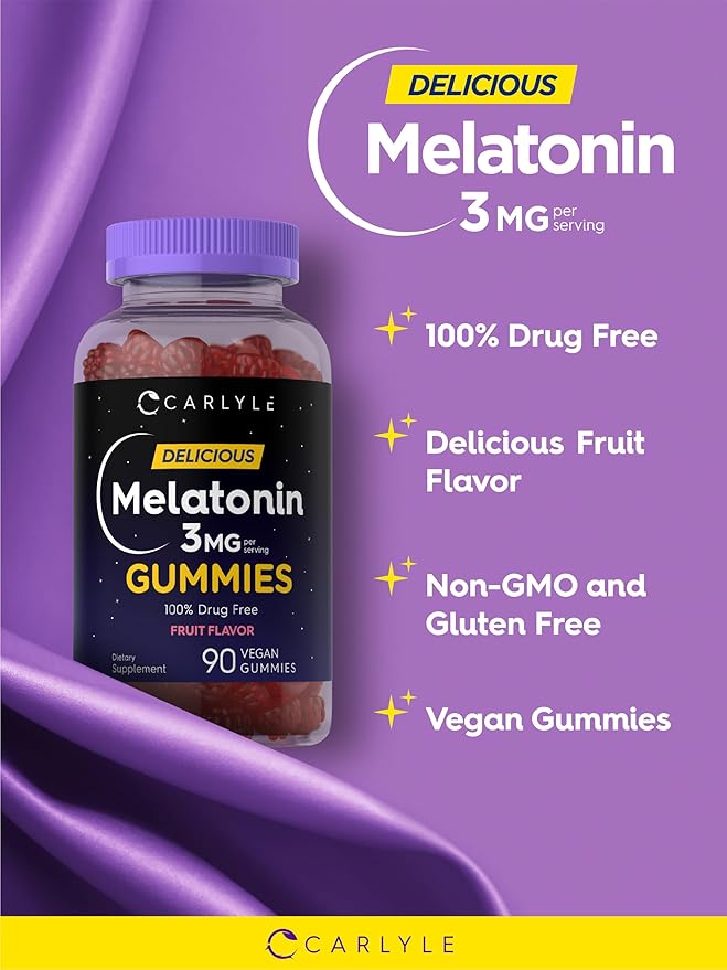 Carlyle Melatonin Gummies 3mg | 90 Count | Fruit Flavor Gummy Supplement | 100% Drug Free Support | Vegan, Non-GMO, Gluten Free