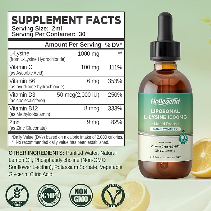 Liposomal L-lysine 1000MG Liquid Drops, Lysine Supplement for Women & Kids with Vitamin C, B6, D3, B12 &Zinc Gluconate, Skin & Lip Health, Immune & Collagen Production Support, Lemon Flavor, 2 fl oz