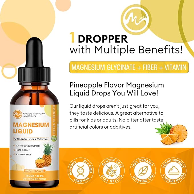 (3 Pack) Magnesium Glycinate Liquid Drops, High Absorption Magnesium Liquid with Bromelain, Vitamin B6 C D, Magnesium Supplement for Kids and Adults, Night & Muscle Support, Pineapple Flavor