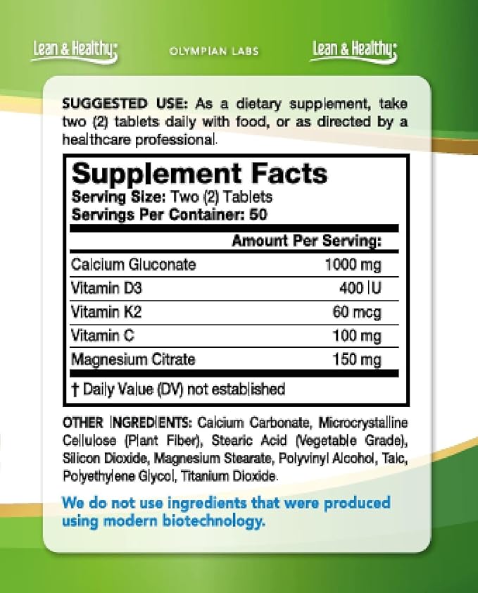 Olympian Labs Calcium Plus Magnesium, Formulated with Vitamin C, K2 & D3, 100 Tablets Supporting Healthy Bones & Teeth