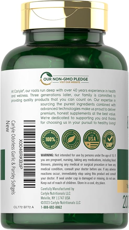 Carlyle Odorless Garlic & Parsley 1800mg | 200 Softgels | Non-GMO, Gluten Free Supplement