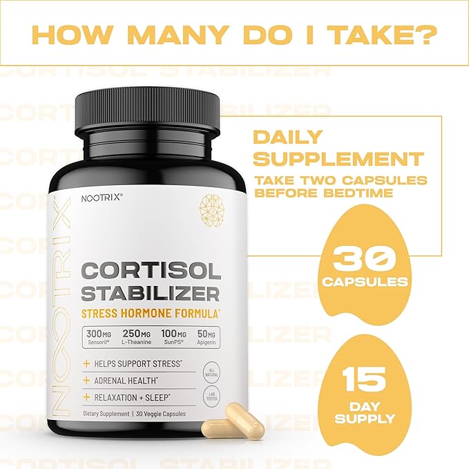 Cortisol Manager & Stabilizer Supplement | Supports Deep Sleep, Relaxation, Adrenal Health & Stress | 300mg Ashwagandha | L-Theanine, Rhodiola Rosea Extract & Apigenin | 30 Capsules
