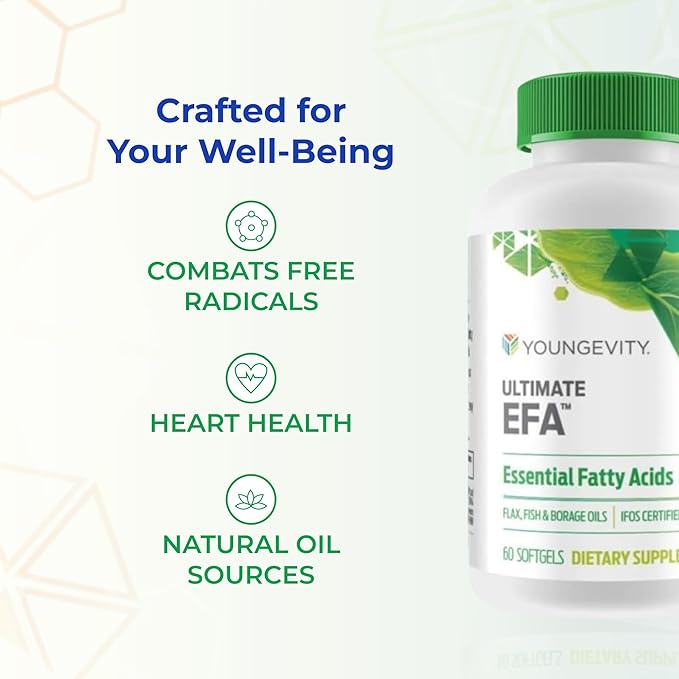 Youngevity Ultimate EFA™ – Omega 3, 6 & 9 Supplement | Blend of Borage, Flax & Fish Oils | Supports Heart, Brain & Overall Health | 60 Soft Gels