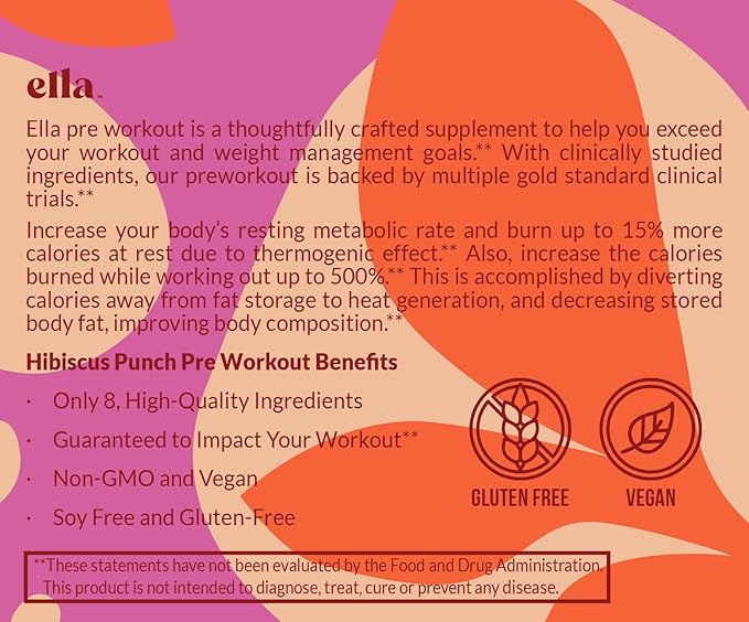 Naked Ella Pre Workout Powder, Hibiscus Punch Amino Energy with Vegan BCAA Amino Acids, Natural Caffeine, Preworkout Boost for Men & Women, 30 Servings
