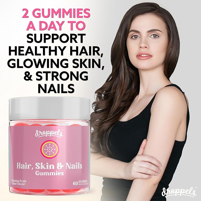 Droppels Hair, Skin and Nails Vitamins Gummies with Biotin 10,000mcg, Vitamin A, Vitamin C, Vitamin E, B6 & B12 | Vegan & Pectin-Based Biotin Gummies, Passion Fruit Rose Flavor, 60 Count