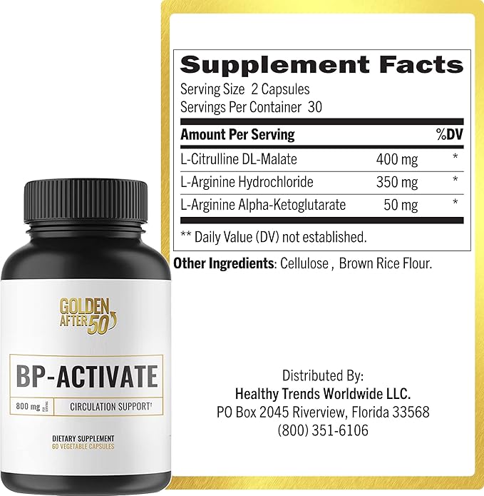 Golden After 50 BP-Activate - Nitric Oxide Supplement with Essential Amino Acids - Blood Circulation and Heart Health Support Supplement - 3 Bottles - 800mg L Arginine, AAKG, L Citrulline