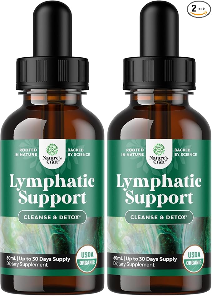 Certified Organic Lymphatic Drainage Drops - Herbal Lymphatic Cleanse and Immune Support Supplement with Echinacea Goldenseal & Red Clover Extract - Vegan Non GMO Alcohol and Sugar Free - 60 Servings
