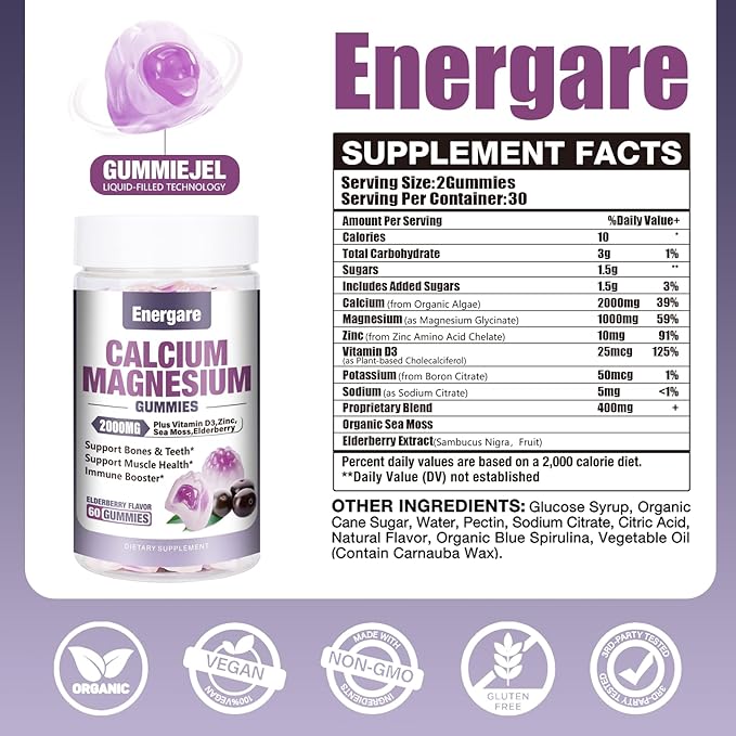 2 Packs Calcium Magnesium Zinc Gummies with Vitamin D3, Sea Moss, Calcium Gummies for Bone, Muscles, Calm Mood Support, Supplements for Kids & Adults, Sugar-Free, Vegan, Elderberry Flavor, 120ct