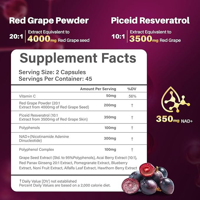 Piceid Resveratrol Supplement and NAD+ Cell Regenerator, Nitric Oxide Supplement, Support Heart Health, Blood Flow, Cellular Energy Production & Metabolism, Red Grape Powder, 45 Day Supply, 3 Pack