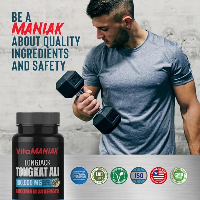 Longjack Tongkat Ali Capsules for Men High Potency 100:1 Extract, 1000mg Per Serving, Herbal Supplement, 60 Capsules