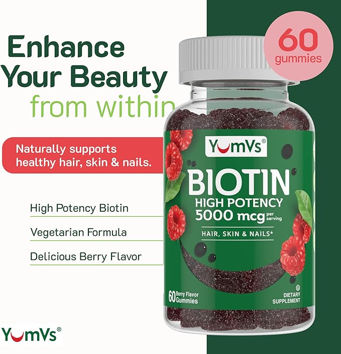 YumVs Biotin Gummies 5000mcg - Luscious Raspberry Flavor - Thicker Faster Hair Growth Gummies for Women or Men - Hair, Skin & Nails Vitamins - Hair Gummies - Vegetarian Biotin Supplement (60 Ct., 2pk)
