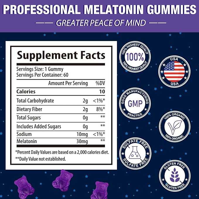 Melatonin Gummies 30mg for Adults - Maximum Strength Melatonin Gummies for Relaxation & Soothing, Exogenous Melatonin Supplement with FOS for Immune, Gut Health and pH Balance, Sugar Free -120 Counts