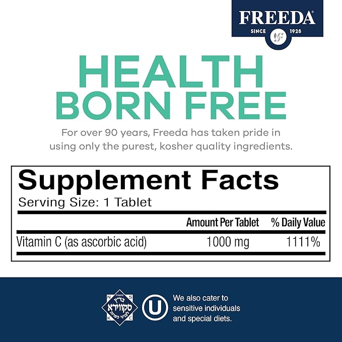 FREEDA Timed Release Vitamin C 1000mg – Slow-Release for All-Day Immune & Antioxidant Support, Gentle on Stomach, Kosher & Vegan, High-Absorption Tablets (100 Tablets)