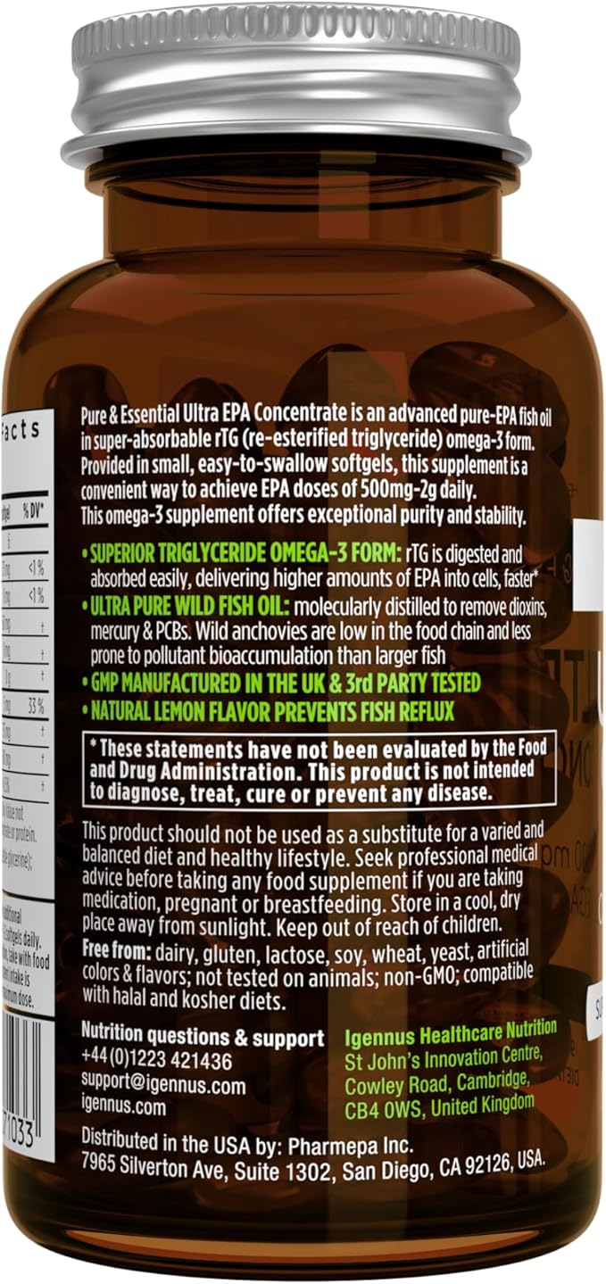 Igennus Ultra Pure Omega-3 EPA 500mg, Highly Concentrated IFOS Certified Wild Fish Oil, Advanced rTG Triglyceride Form, Non-GMO, 90 Small Softgels