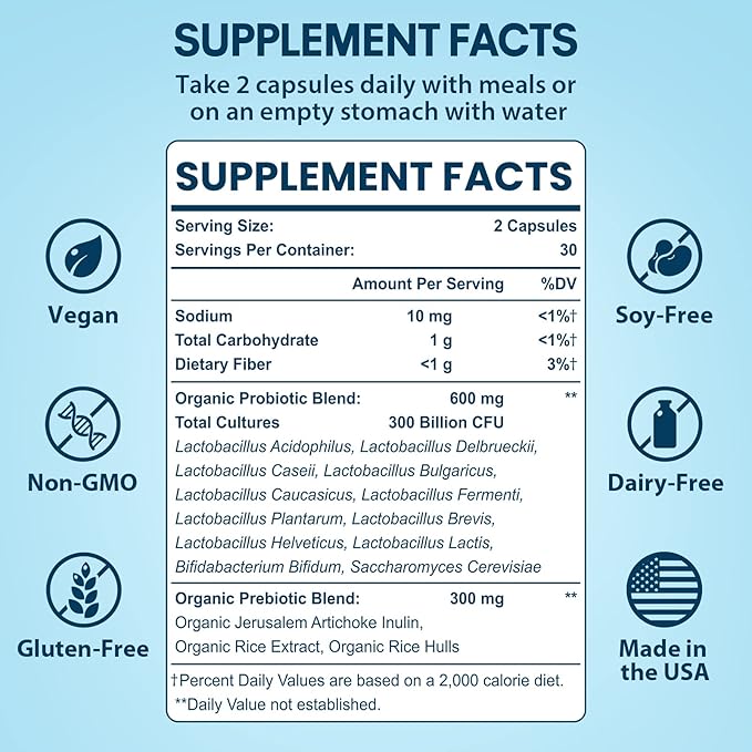 Probiotics for Women and Men, 300 Billion CFU Probiotics from 12 Strains Probiotic, Organic Prebiotics Blend, Probiotic Supplement for Gut Immune & Digestive Health, Shelf Stable, 240 Capsules