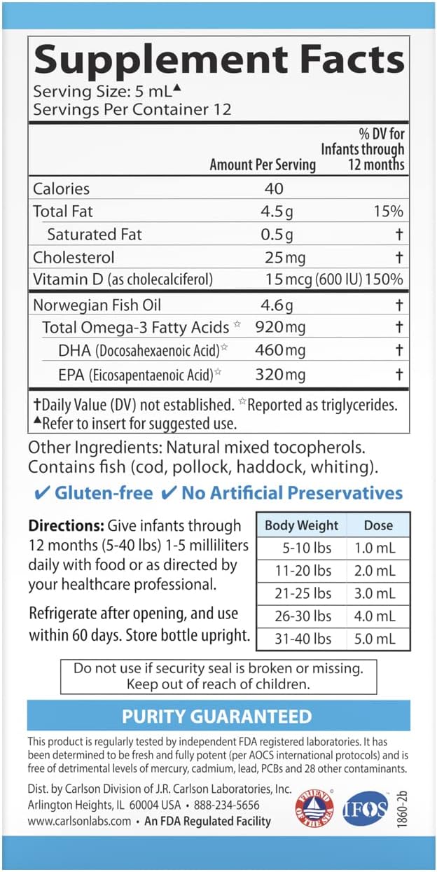 Carlson - Baby's DHA, Liquid DHA Baby Supplement, 1100 mg Omega-3s + 400 IU Vitamin D3, Brain Development, Vision Support & Nerve Function, Omega-3 Liquid for Babies, Baby Fish Oil, 60 mL