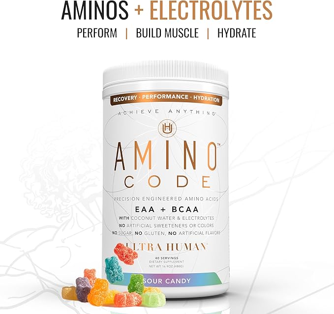 Amino Code | Essential Amino Acids + BCAAs + Coconut Water Electrolytes | Fast Hydration Workout Recovery Flavored Amino Energy Powder Drink | Clean Formula, 40 Servings - Sour Candy